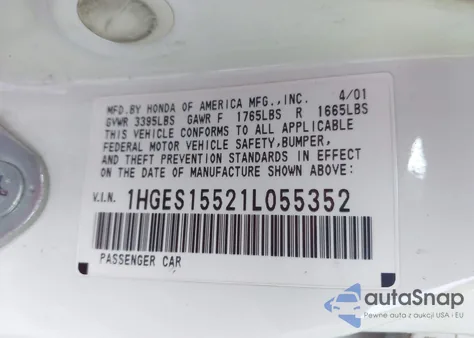 2001 Honda Civic Lx z USA, uszkodzony, nr VIN 1HGES15521L055352